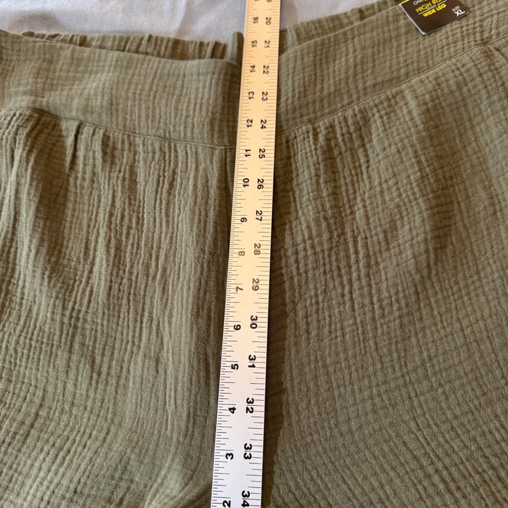 One5One Womens Wide Leg Pants XL Olive Green Cotton Gauze Crinkle Coastal Boho - Picture 7 of 8
